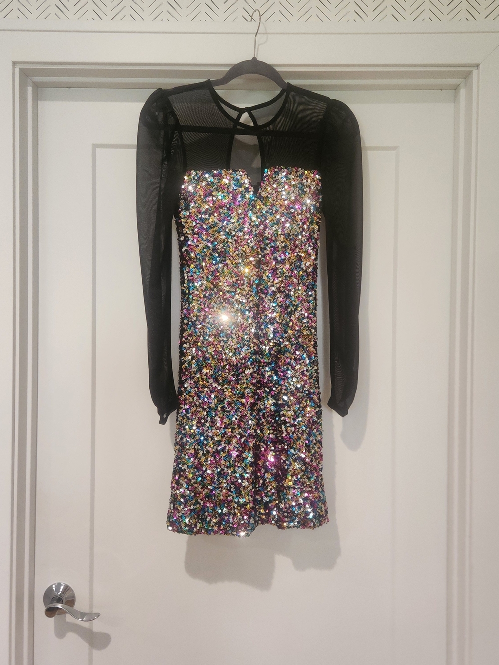 Black Mesh Long-Sleeve Multicolor Sequin Cocktail Dress
